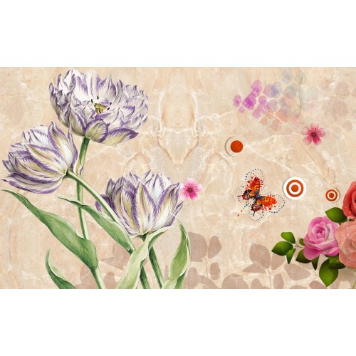 Фреска Элегантные белые тюльпаны с лиловой каймой