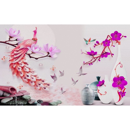 Розовый павлин в цветах орхидеи