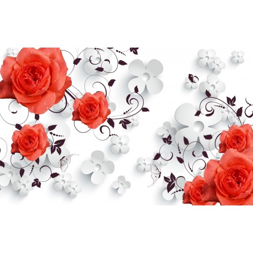 Фреска Красные розы на фоне белых лютиков