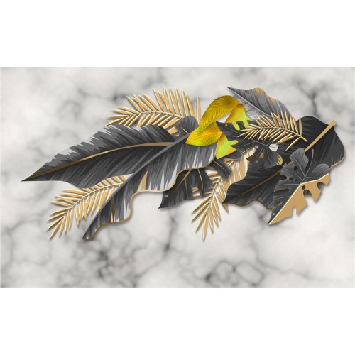 Тропические листья в черно золотых цветах