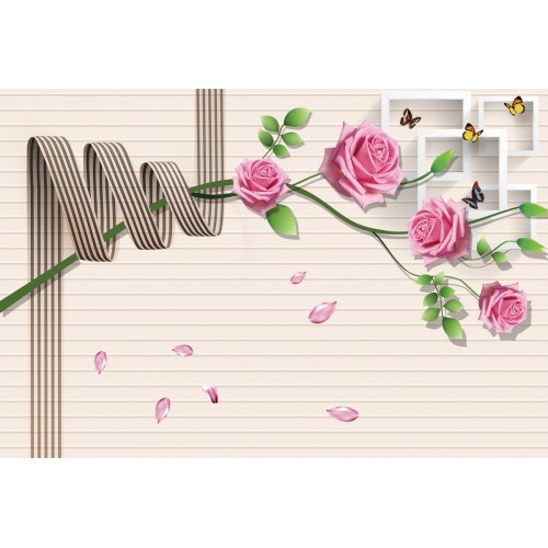 Фреска Розовые розы в лентах