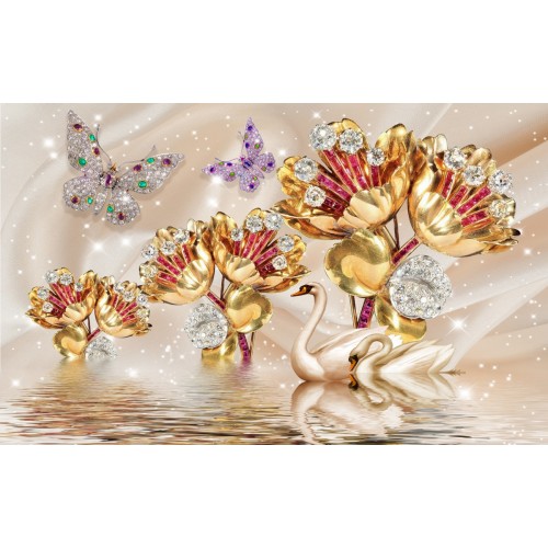 Золотые лебеди в рубиновых цветах