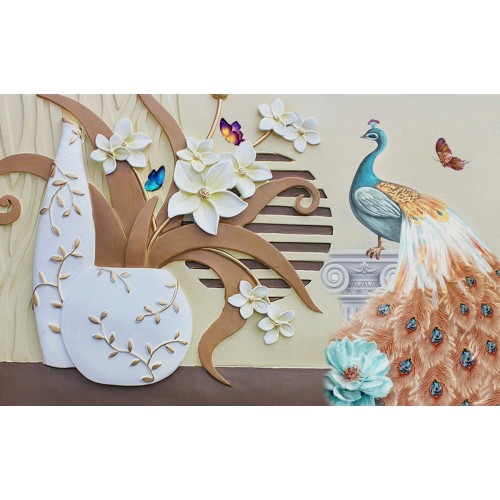 Фреска Золотой павлин в интерьере