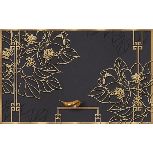 Фреска 3D золотые цветы