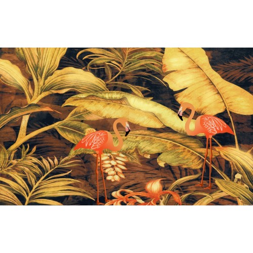 Фреска Фламинго в золотых папоротниках